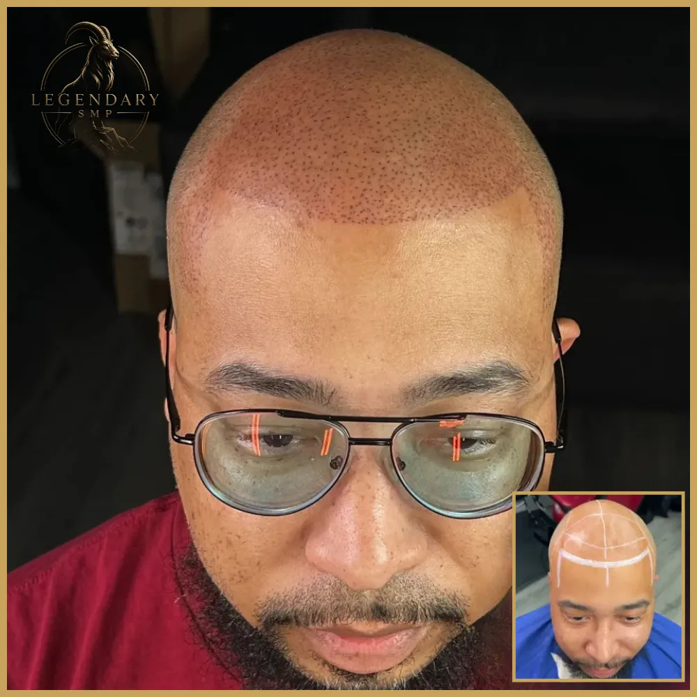 Legendary SMP client result showing a defined scalp micropigmentation hairline