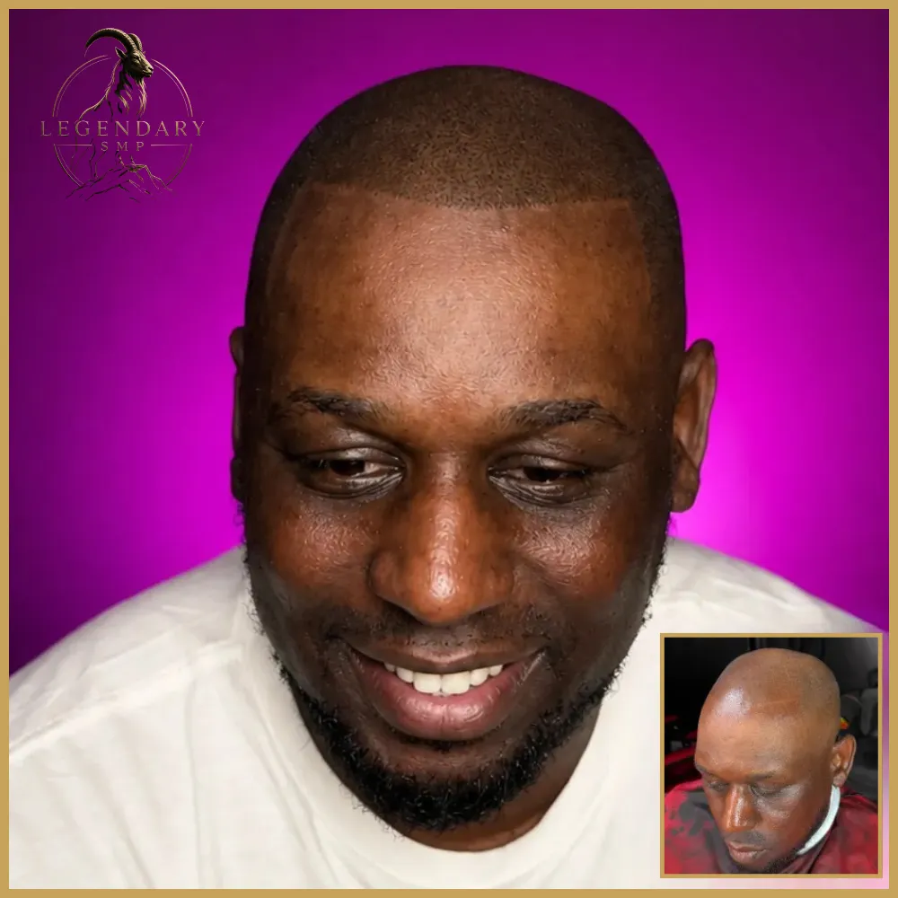 Legendary SMP client smiling after scalp micropigmentation with the starting point inset